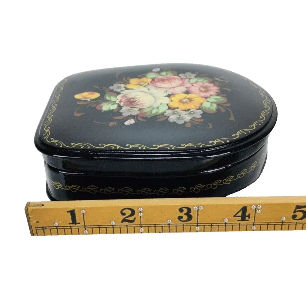Vintage Russian Hand Painted Lacquered Floral Hinged Trinket Box Signed